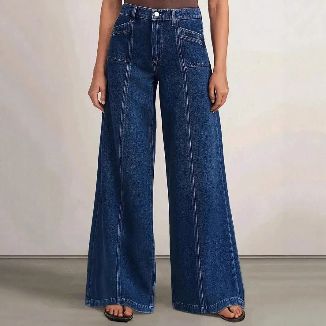 "Jeans da donna a gamba larga blu intenso: pantaloni in denim alla moda per il massimo comfort e la versatilità 6