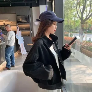 Giacca da baseball da donna Felpa corta casual Primavera Autunno Colletto alla coreana versatile Capispalla amichevole di piccole dimensioni 1