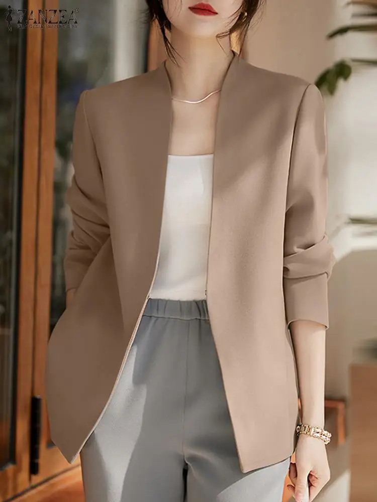 Donna Outwears ZANZEA autunno Cardigan donna Blazer Solid OL abiti da lavoro giacche moda Casual scollo a V manica lunga cappotti sottili 2