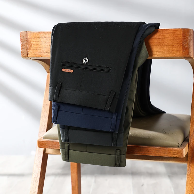 Pantaloni Casual da uomo elasticizzati pantaloni dritti da ufficio classici autunno nuovi comodi a vita alta marca maschile nero blu grigio 6