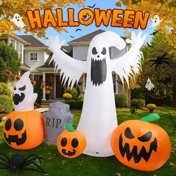 Decorazione gonfiabile per Halloween da 7,5 piedi - Fantasma e zucca con LED, ideale per oggetti di scena di casa, cortile, giardino e sala 3