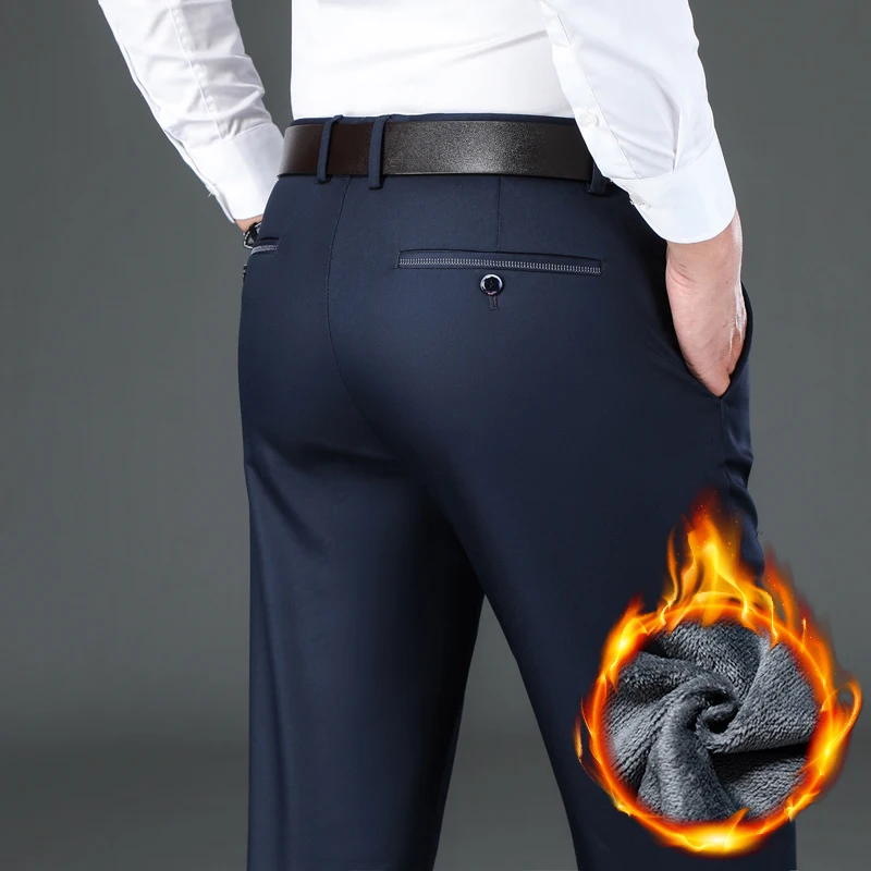 Pantaloni casual da uomo in flanella spessa blu navy inverno nuovo pile business elasticizzato pantaloni caldi in peluche pantaloni maschili dritti slim di marca 2
