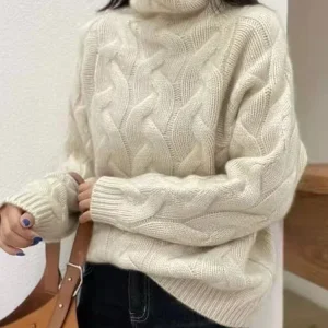 Maglione da donna in puro cashmere a collo alto, sciolto, spesso, con fondo intrecciato, stile europeo, maglieria calda invernale, 100% cashmere 1