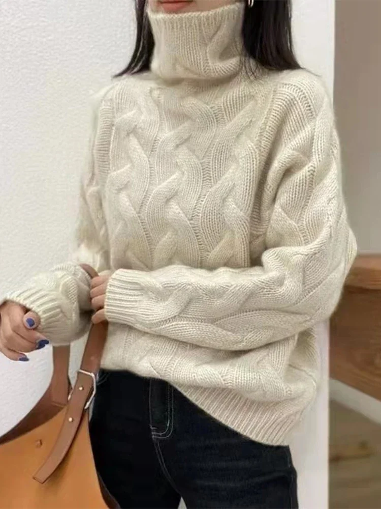 Maglione da donna in puro cashmere a collo alto, sciolto, spesso, con fondo intrecciato, stile europeo, maglieria calda invernale, 100% cashmere 1