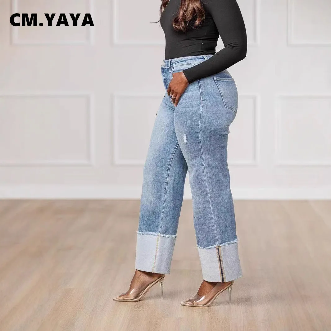 CM.YAYA Pantaloni jeans a gamba larga patchwork in denim lavato dritto da donna streetwear 2025 Pantaloni da festa strappati alla moda primaverile 2