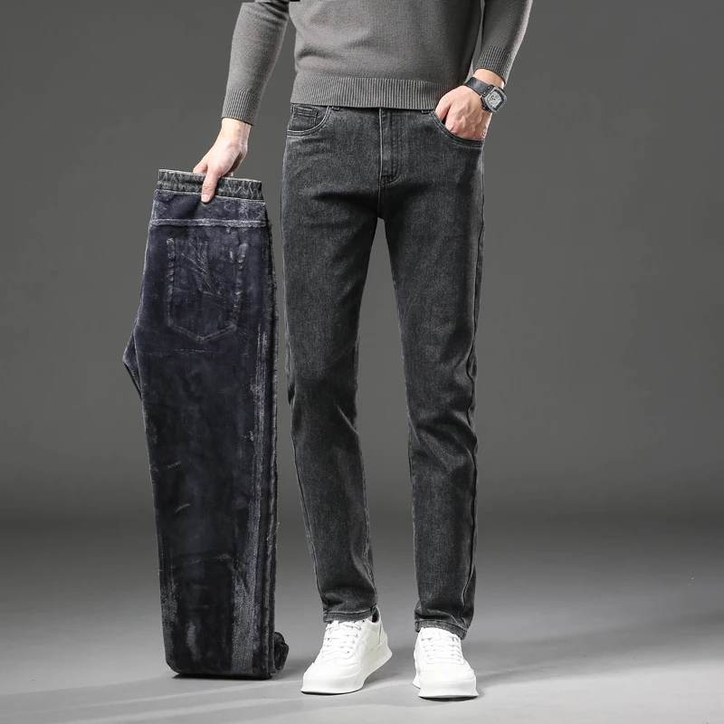 Jeans caldi spessi in pile invernale Pantaloni in denim elastici dritti slim da uomo Abbigliamento casual maschile Pantaloni in peluche alla moda 4