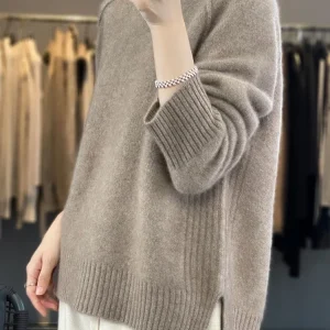 Maglione di cashmere a collo alto da donna Maglione raglan pigro ispessito in morbida lana al 100% con spacco per l'autunno inverno Comodo ceroso W 1