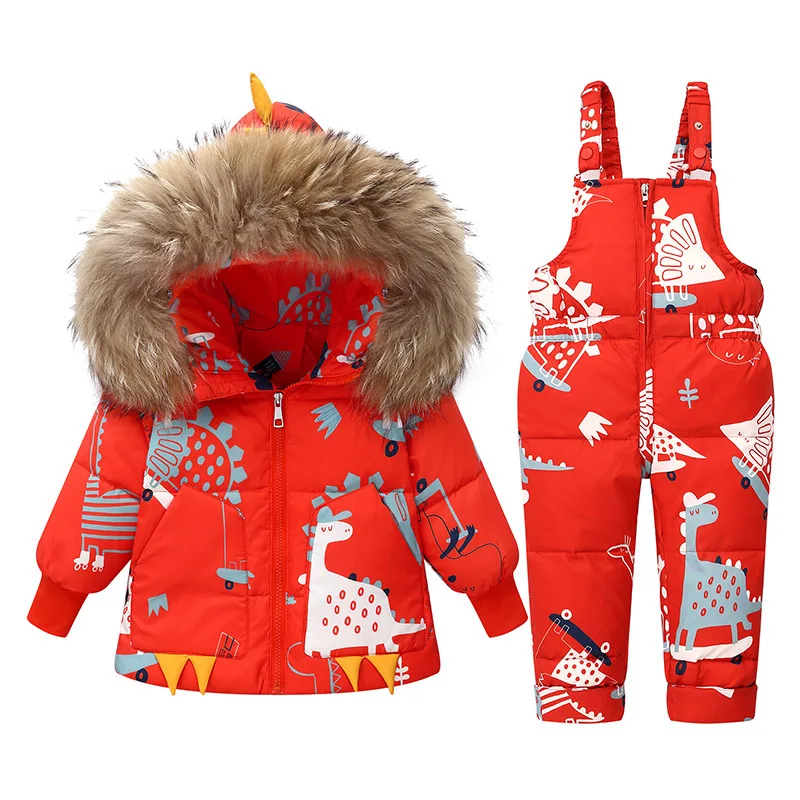 Piumino caldo invernale per bambini Parka Boy Salopette per bambini Vestiti per bambina per bambini Set di abbigliamento per dinosauri per bambini Cappotto con cappuccio Tuta da neve 3