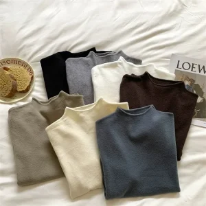 Semplice morbido tinta unita collo mezzo alto maglione lavorato a maglia strato base da donna autunno inverno caldo ed elegante camicia lavorata a maglia slim fit 1