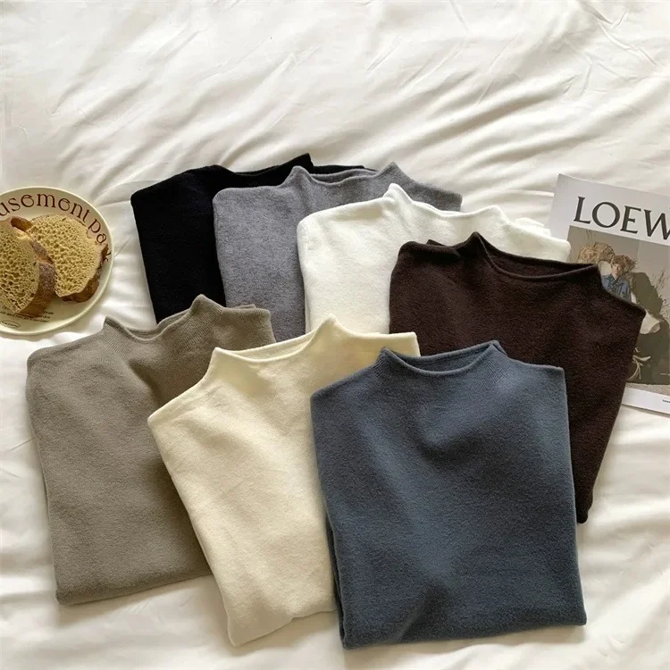 Semplice morbido tinta unita collo mezzo alto maglione lavorato a maglia strato base da donna autunno inverno caldo ed elegante camicia lavorata a maglia slim fit 1