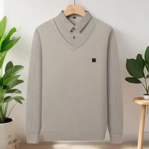 Nuova primavera e autunno colletto della camicia in due pezzi maglietta da uomo di mezza età di fascia alta sottile casual a righe che tocca il fondo 1