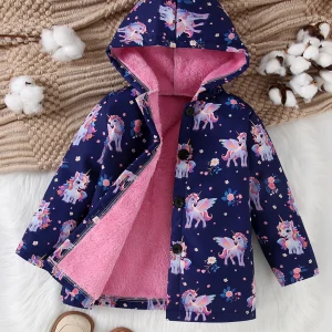 Nuova giacca con cappuccio monopetto a maniche lunghe calda in pile Inca pieno di unicorno arcobaleno carino autunno e inverno per ragazze 1