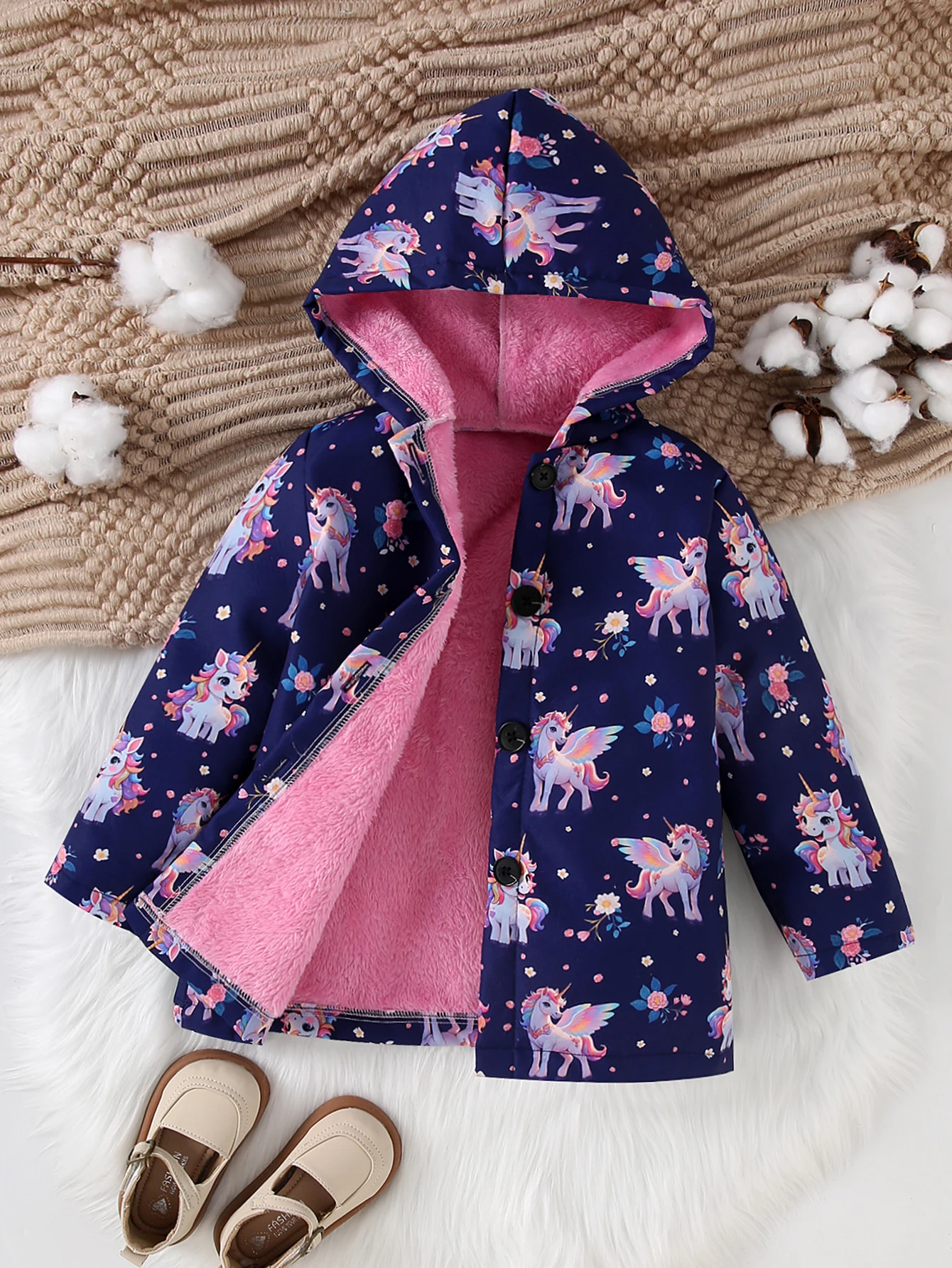 Nuova giacca con cappuccio monopetto a maniche lunghe calda in pile Inca pieno di unicorno arcobaleno carino autunno e inverno per ragazze 1