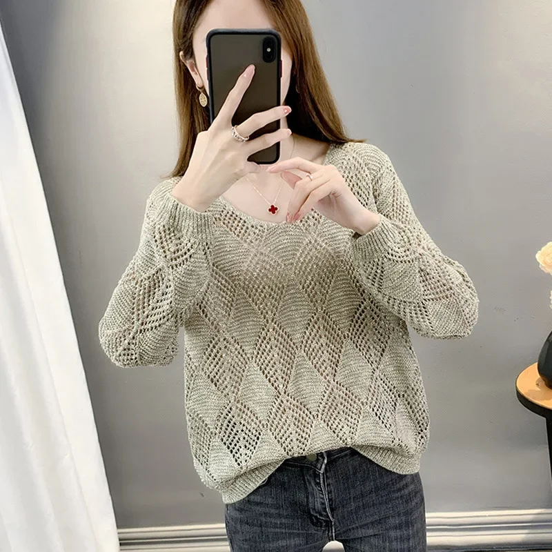 2024 Primavera Estate delle nuove donne allentate con scollo a V manica lunga scava fuori pullover sottile elegante strato base in maglia Top 4