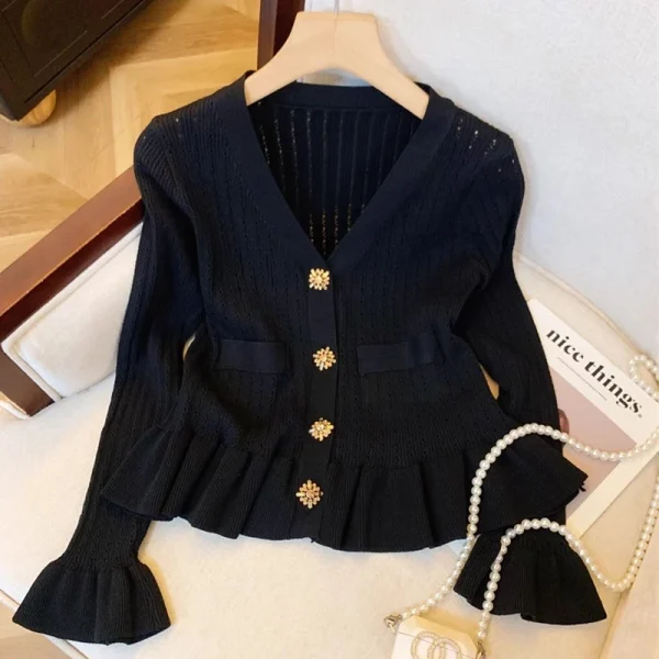 YuooMuoo Cardigan da donna 2025 Autunno Bottoni di lusso Scollo a V Vita sottile Increspato Top in maglia Chic Fashion Lady Maglioni Camicie 3
