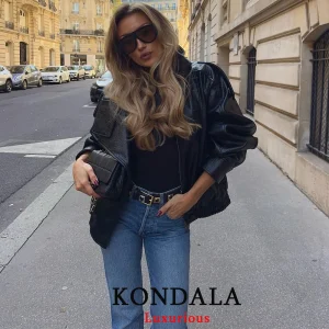 KONDALA Casual Chic Giacche di pelle nera Donna Manica lunga Bottoni Elastico Cappotti oversize Moda 2025 Autunno Cappotti streetwear 1