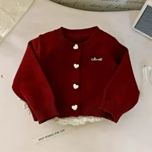 Autunno nuove neonate tinta unita Cardigan lavorato a maglia maglione coreano stile College cuore bottone Top inverno vestiti della neonata 1