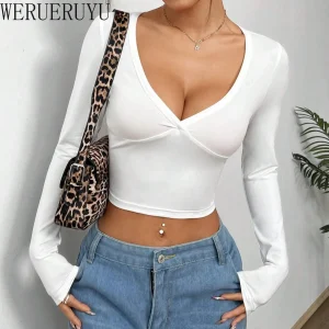 Autunno Inverno T-shirt con scollo a V Manica lunga da donna Crop Top sexy Y2k Vestiti Tinta unita Streetwear T-shirt corte per le donne 2025 1