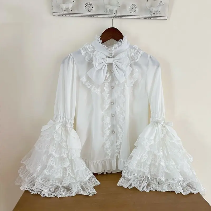 Camicia Lolita gotica e dolce - Camicetta arricciata a maniche lunghe per abiti JSK, top in pizzo per bambole Kawaii con maniche a sbuffo in rosa/bianco 6