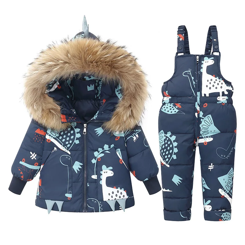 Piumino caldo invernale per bambini Parka Boy Salopette per bambini Vestiti per bambina per bambini Set di abbigliamento per dinosauri per bambini Cappotto con cappuccio Tuta da neve 2