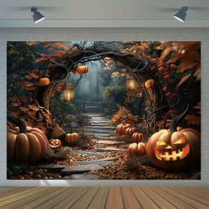 Una foto, sfondo fotografico di Halloween, motivo zucca horror della foresta d'acero autunnale, decorazione banner eerie 1