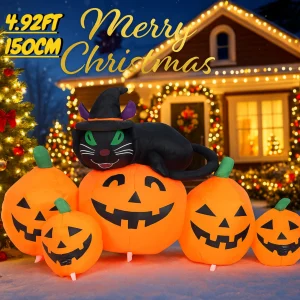 4,92FT Giocattolo gonfiabile di Halloween Zucca gatto nero con luci a LED Ornamenti da giardino Decorazione per feste da prato Forniture per la casa Ornamenti 1