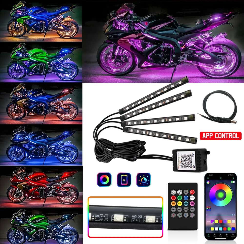 Nuove luci sottosmalto per atmosfera moto Kit luci a LED App telecomando RGB impermeabile per Yamaha BMW Harley Suzuki 1