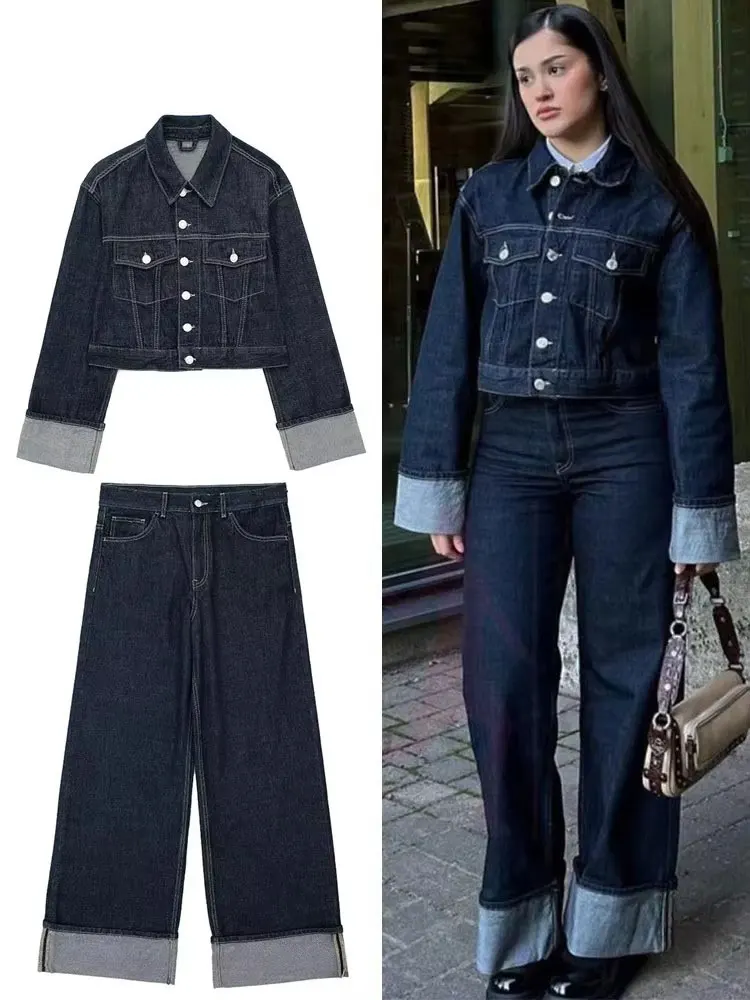 HH Set di pantaloni da giacca di jeans vintage da donna Cappotto monopetto con risvolto a maniche lunghe Pantaloni a gamba larga Jeans Abiti da strada 1
