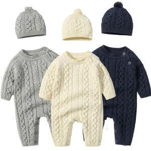 Autunno neonata ragazzo tute lavorate a maglia abiti pagliaccetti per bambini berretti set di vestiti inverno manica lunga bambino tuta per neonati 2 pezzi 1