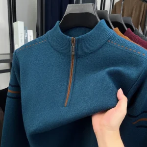 Squisito maglione da uomo con mezza cerniera artigianale Autunno Inverno Maglione lavorato a maglia a maniche lunghe a righe di qualità da uomo d'affari 1