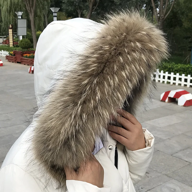 Collo in vera pelliccia per cappotto Parka Sciarpa invernale in pelliccia di procione naturale per giacca Calda cappuccio peloso di lusso con bottoni 3