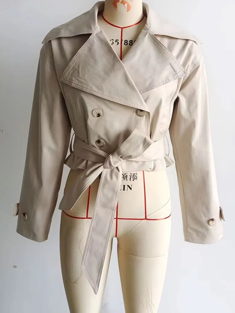 HH 2025 Primavera Retro Scollo a V Doppio Petto Tasca da Donna Top Giacca Allentata da Donna Street Casual Lace-up Trench Corto 6