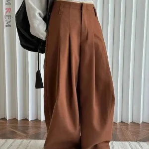 [LANMREM] 2025 Inverno Nuovo Spessore Pantaloni Caldi Per Le Donne A Vita Alta A Pieghe Pantaloni A Gamba Larga Ufficio Vestiti Della Signora Minimalismo 26C967 1