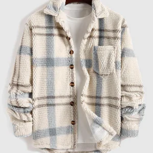 2025 Giacca scozzese da uomo a maniche lunghe in pile con cappuccio Giacche Autunno Inverno Cappotto caldo Camicia abbottonata Giacche 1