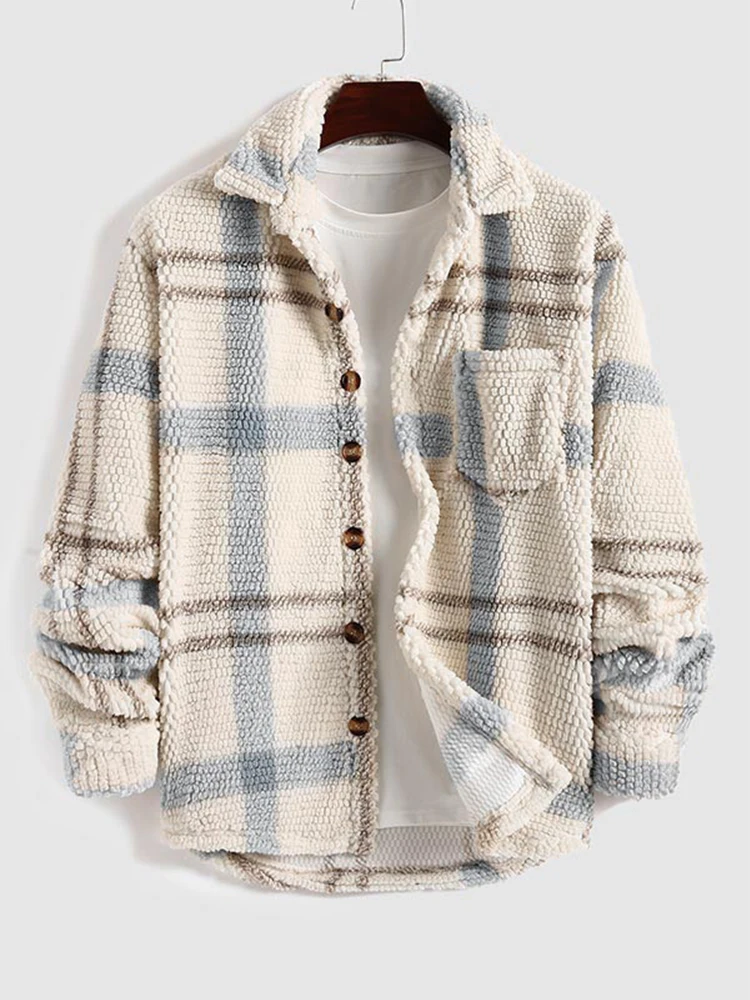 2025 Giacca scozzese da uomo a maniche lunghe in pile con cappuccio Giacche Autunno Inverno Cappotto caldo Camicia abbottonata Giacche 1