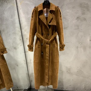 Cappotto lungo in pelle scamosciata Cappotto da donna in vera pelle di pecora Frangivento lungo in vera pelle di pecora 2385 1