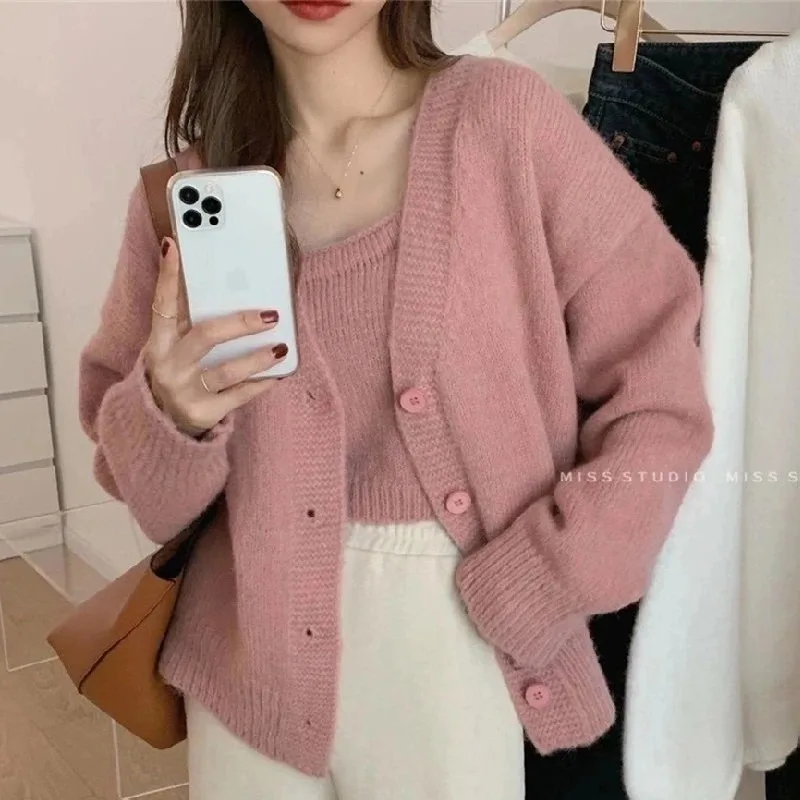 Cardigan con scollo a V a maniche lunghe e gilet lavorato a maglia, moda autunno inverno donna set da 2 pezzi lavorato a maglia tinta unita abiti casual eleganti 4
