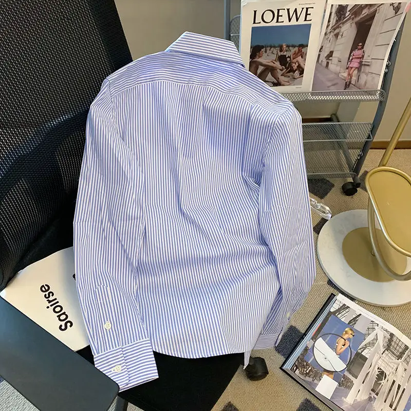 Camicia a bottone con collo a Polo a righe top manica lunga allentata camicetta High Street All-match moda Casual primavera nuovo abbigliamento donna 4