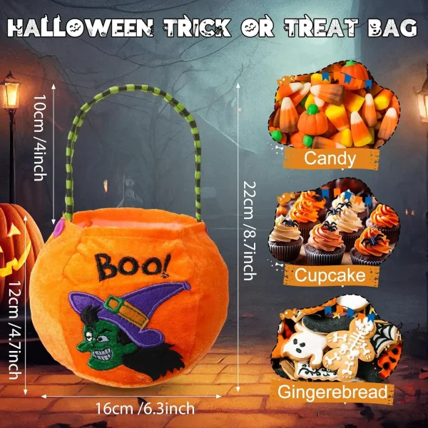 Secchio per dolcetti o scherzetto in peluche di zucca di Halloween 6,3x4,7 pollici - Simpatico cestino per caramelle mostro per bambini con manico 3