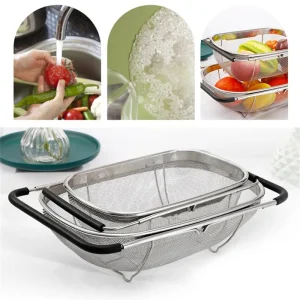 Colino da cucina in acciaio inossidabile con manici espandibili Cestello per lavello per lavello da cucina Risciacquo frutta Verdura 1