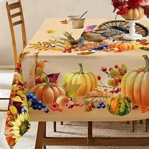 Tovaglie rettangolari per tacchino del Ringraziamento, fiori di zucca autunnale, copritavolo in foglia d'acero, cucina, festa, decorazione per tavolo da pranzo 1