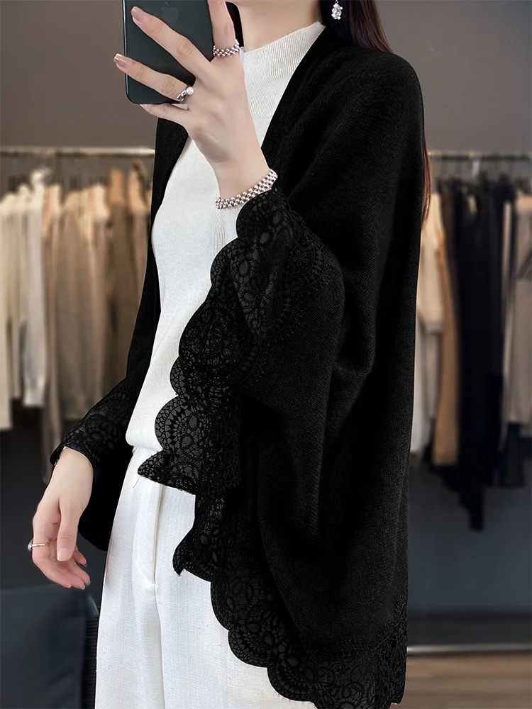 Nuove donne 100% lana merino cardigan sottile morbido cashmere maglieria pizzo mantello grazia morbido scialle sciarpa primavera autunno top abbigliamento 5