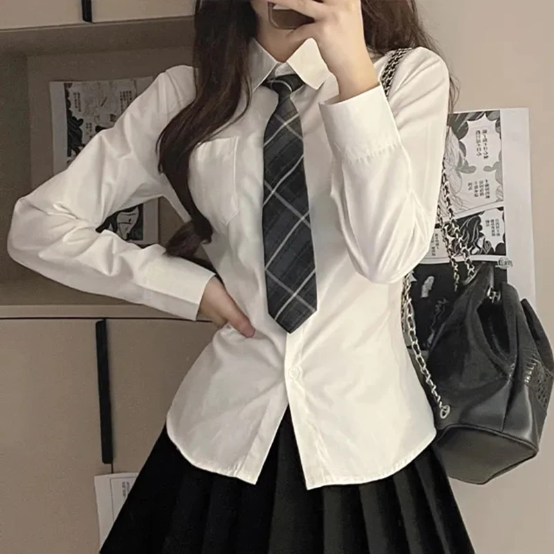 Camicia bianca da donna stile preppy coreano manica lunga colletto rovesciato camicetta femminile JK uniforme sexy slim dolce top autunno 2