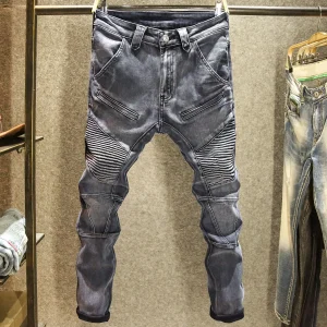 2025 Nuovo autunno e inverno Jeans neri e grigi Pantaloni lunghi da locomotiva di fascia alta da uomo Splicing Pantaloni attillati resistenti all'usura 1