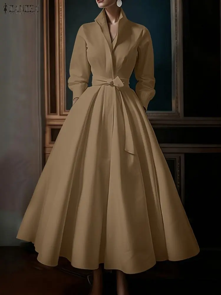 ZANZEA Moda Donna Risvolto Collo Manica Lunga Vestito Da Partito 2025 Autunno Ufficio OL Abiti Con Cintura Veste Solido Una Linea A Vita Vestito Estivo 4