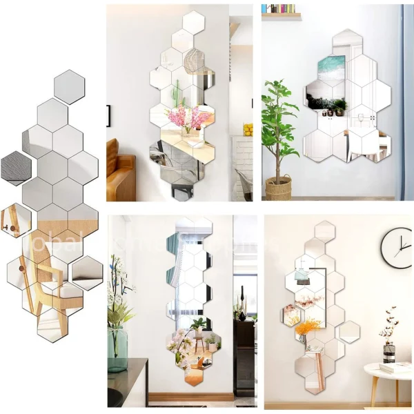 24 pezzi adesivo specchio esagonale oro autoadesivo mosaico piastrelle adesivo da parete decalcomanie camera da letto fai da te soggiorno bagno decorazioni per la casa 5