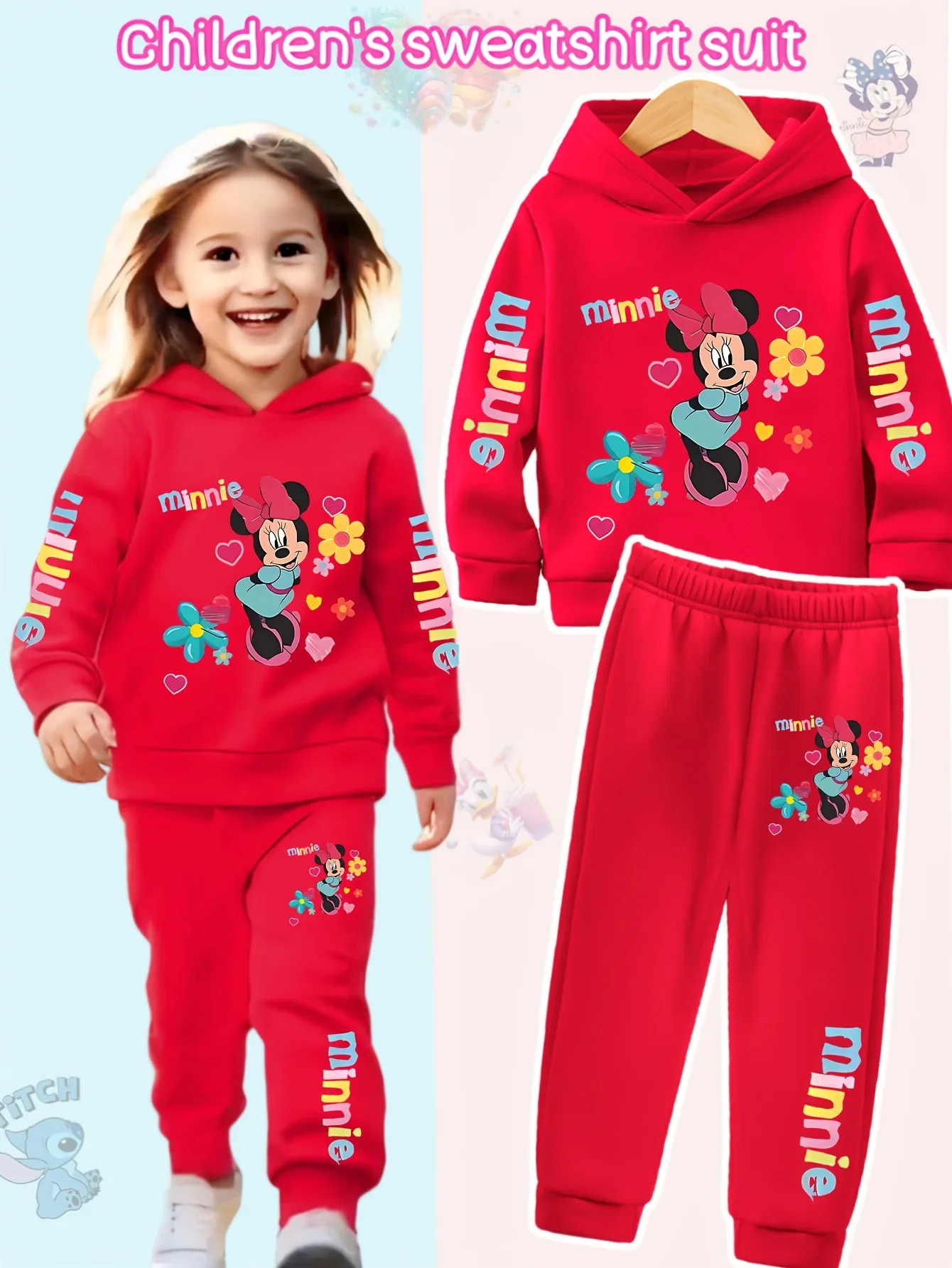 Felpa con cappuccio e pantaloni da ragazza in 2 pezzi Felpa con stampa floreale rosa con pantaloni in vita elastica Comodo abbigliamento invernale 2