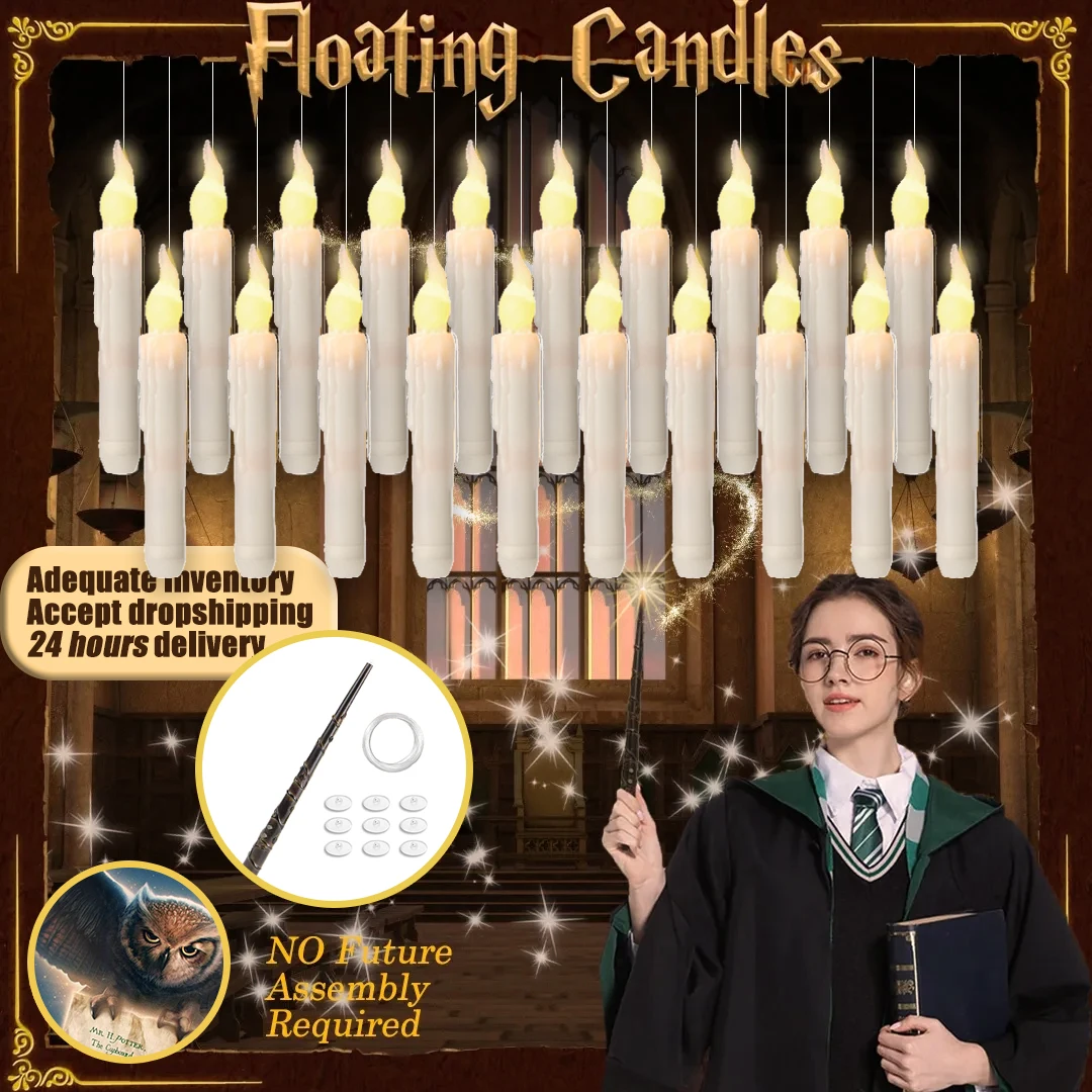 Candele galleggianti a LED di Halloween Bacchetta magica Appesa a distanza Funzionamento a batteria Potter Harries Candele galleggianti Decorazione a luce calda 1