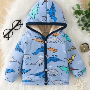 Neonati maschi e femmine primavera e autunno blu dinosauro stampa cartone animato con cappuccio cerniera manica lunga cappotto di velluto sottile 1