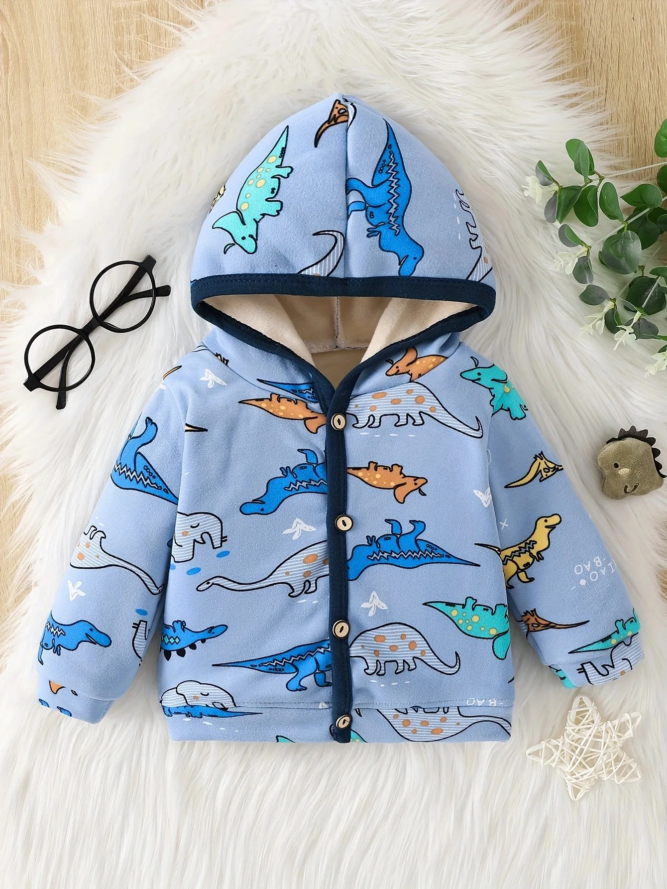 Neonati maschi e femmine primavera e autunno blu dinosauro stampa cartone animato con cappuccio cerniera manica lunga cappotto di velluto sottile 1
